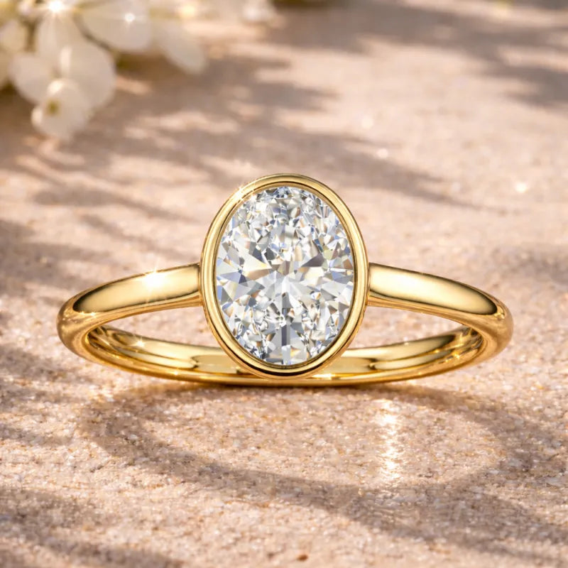 2 Carat Oval Bezel Diamond Engagement Ring | 14K Yellow Gold