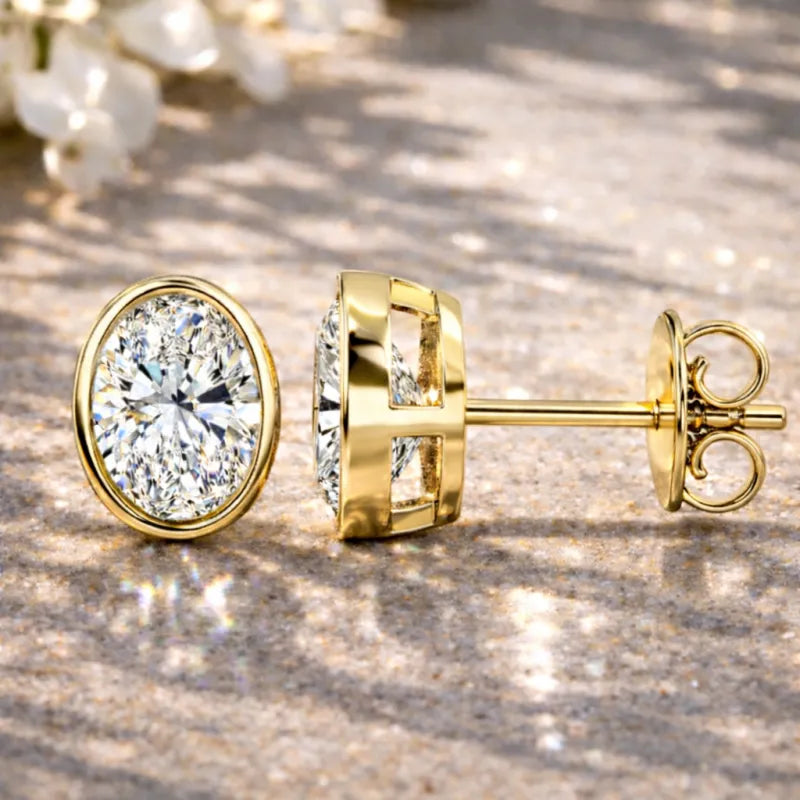 Oval Bezel Diamond Stud Earrings in 14K Yellow Gold