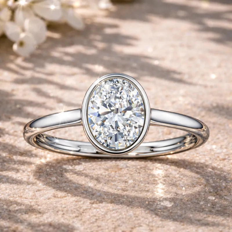 2 Carat Oval Bezel Diamond Engagement Ring | 14K White Gold