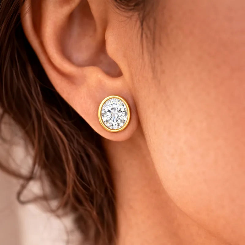 Oval Bezel Diamond Stud Earrings in 14K Yellow Gold