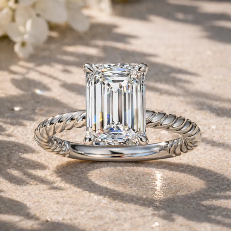 Emerald Diamond Solitaire Engagement Ring | 14K White Gold