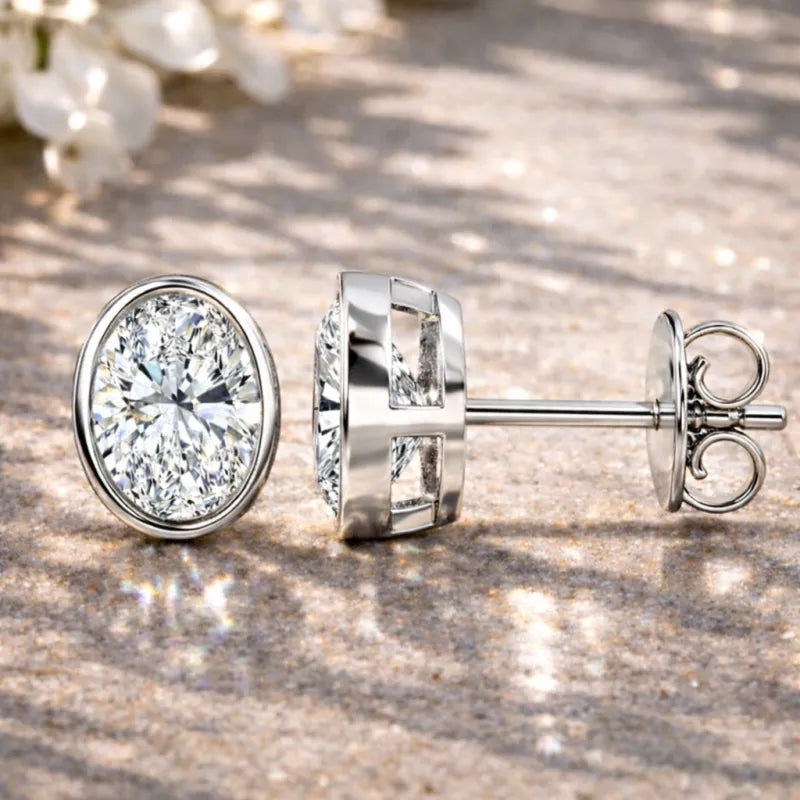 Oval Bezel Diamond Stud Earrings in 14K White Gold